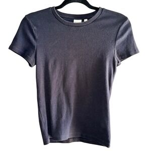 TNA Aritzia HomeStretch Ribbed Short Sleeve Crew Neck TShirt Black Womens Size M